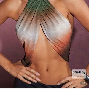 SHEIN Green and Orange Sleeveless Crop Top with Cut Out Design